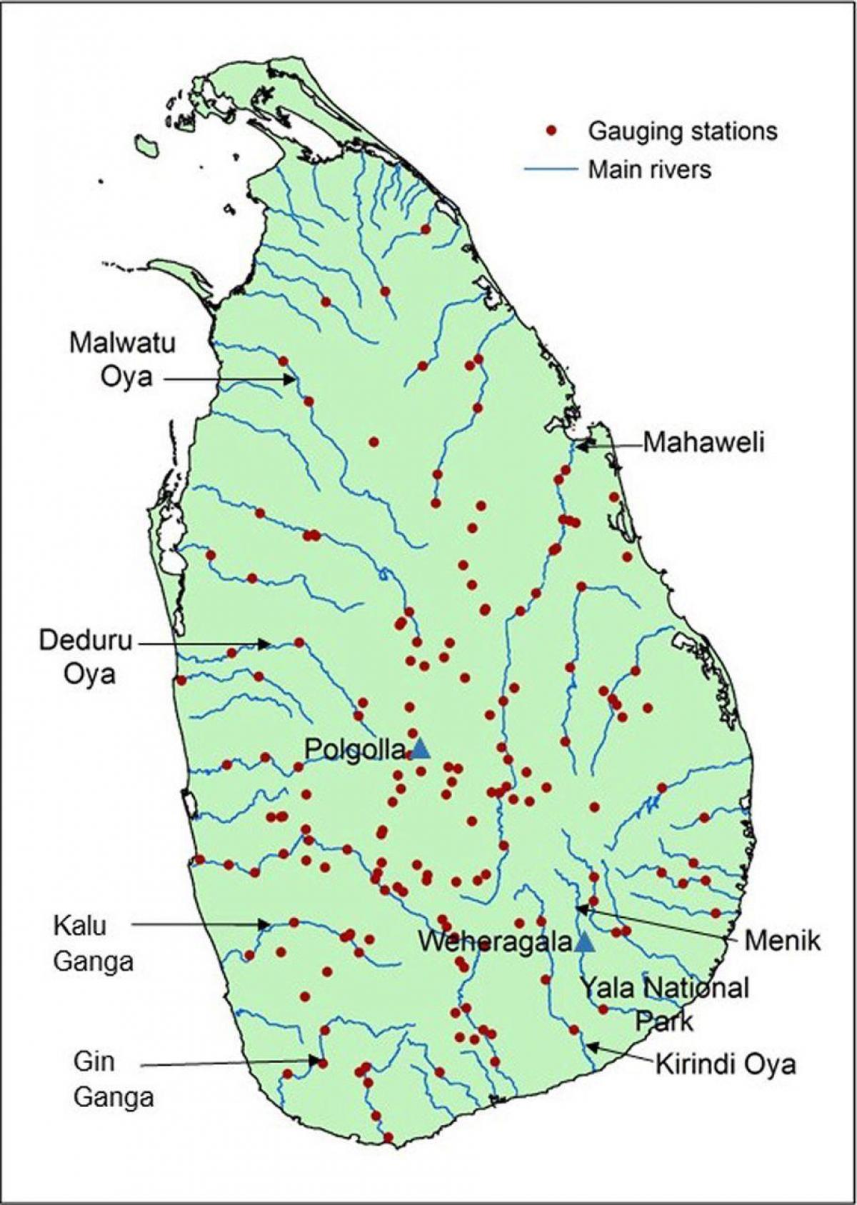 Srí Lanka hlavné rieky mapu