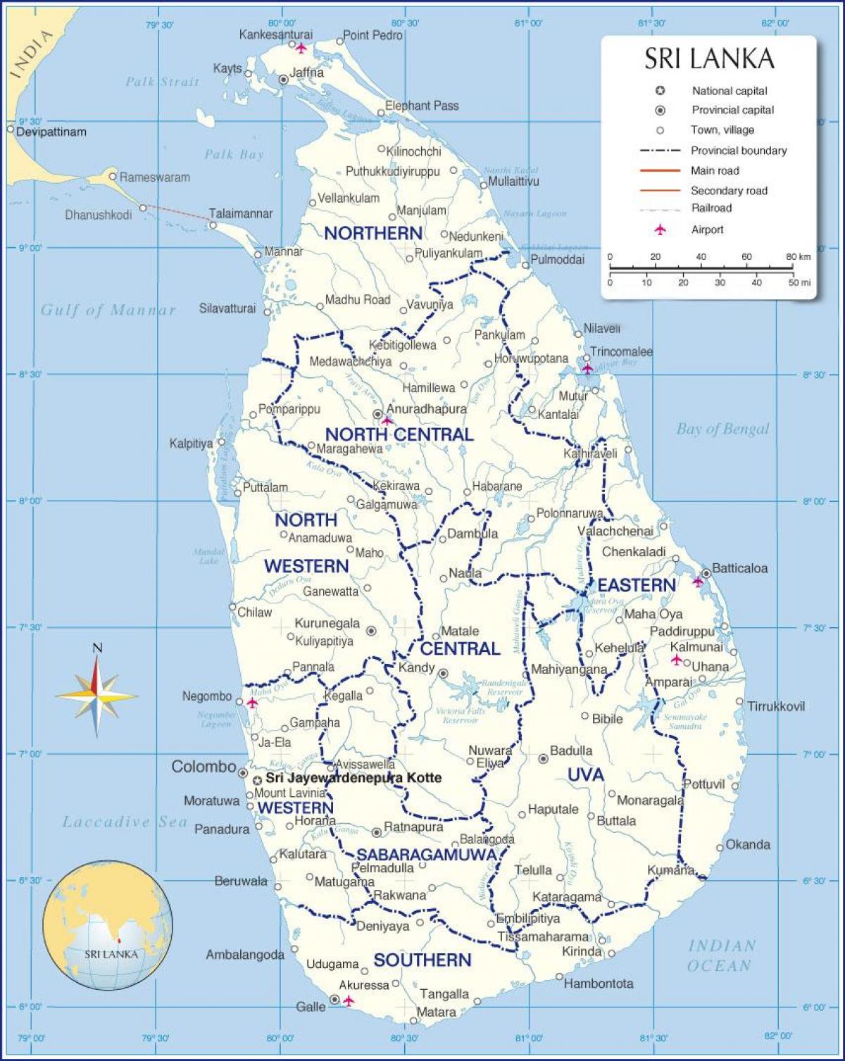 mapa medzinárodných letiskách v Srí Lanka