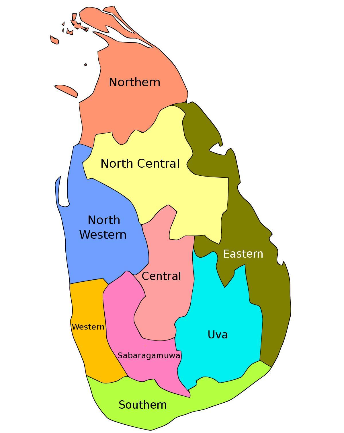 Srí Lanka mapa krajov a okresov