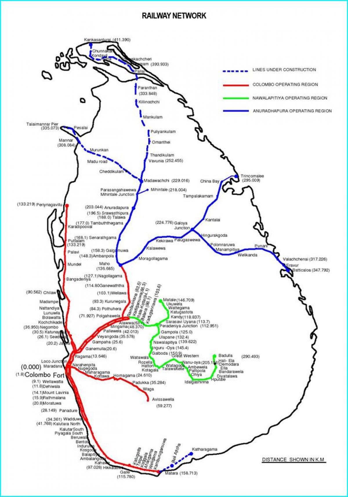 železničnej trasy mapa Srí Lanka