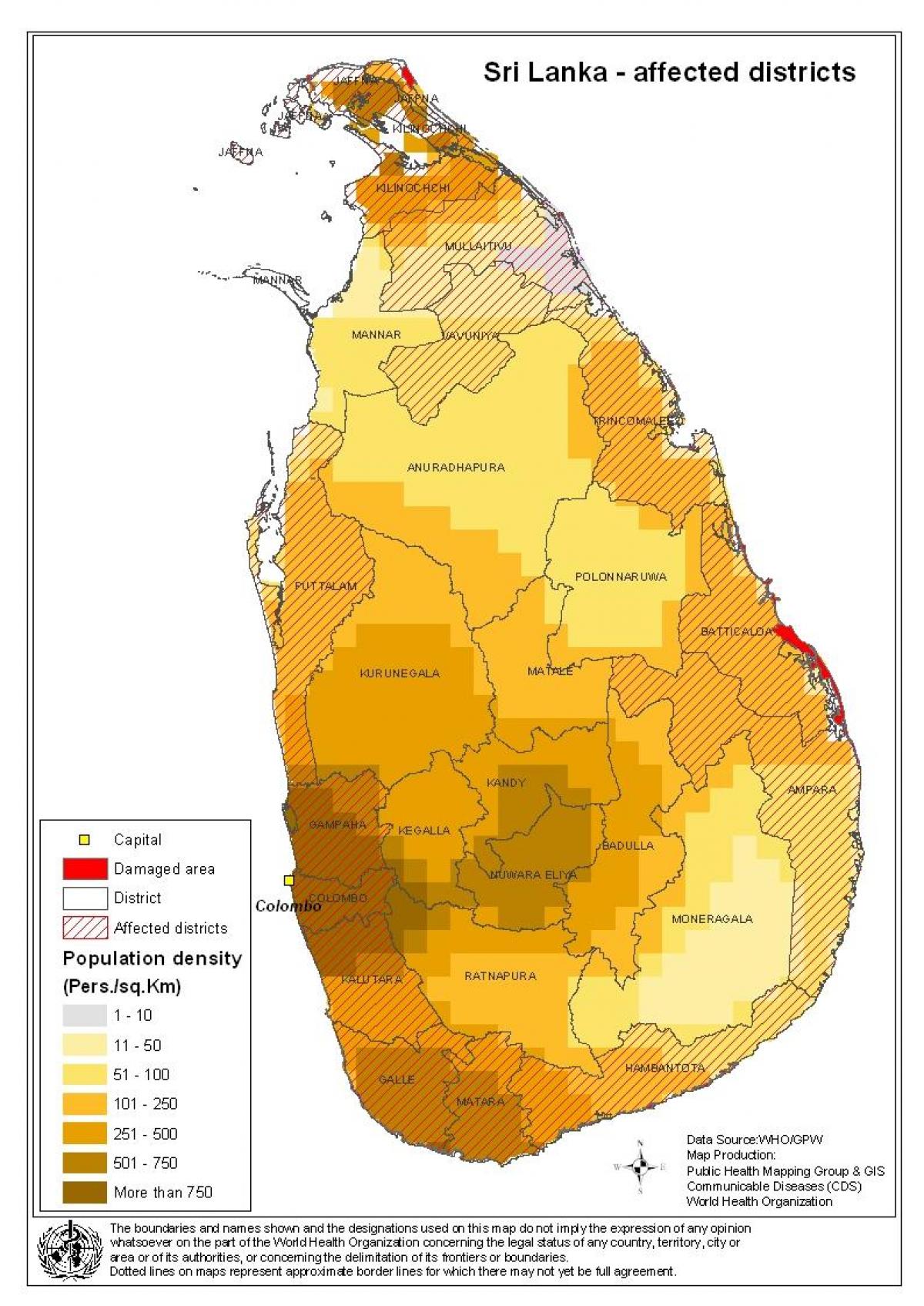 mapa Srí Lanky hustota obyvateľstva