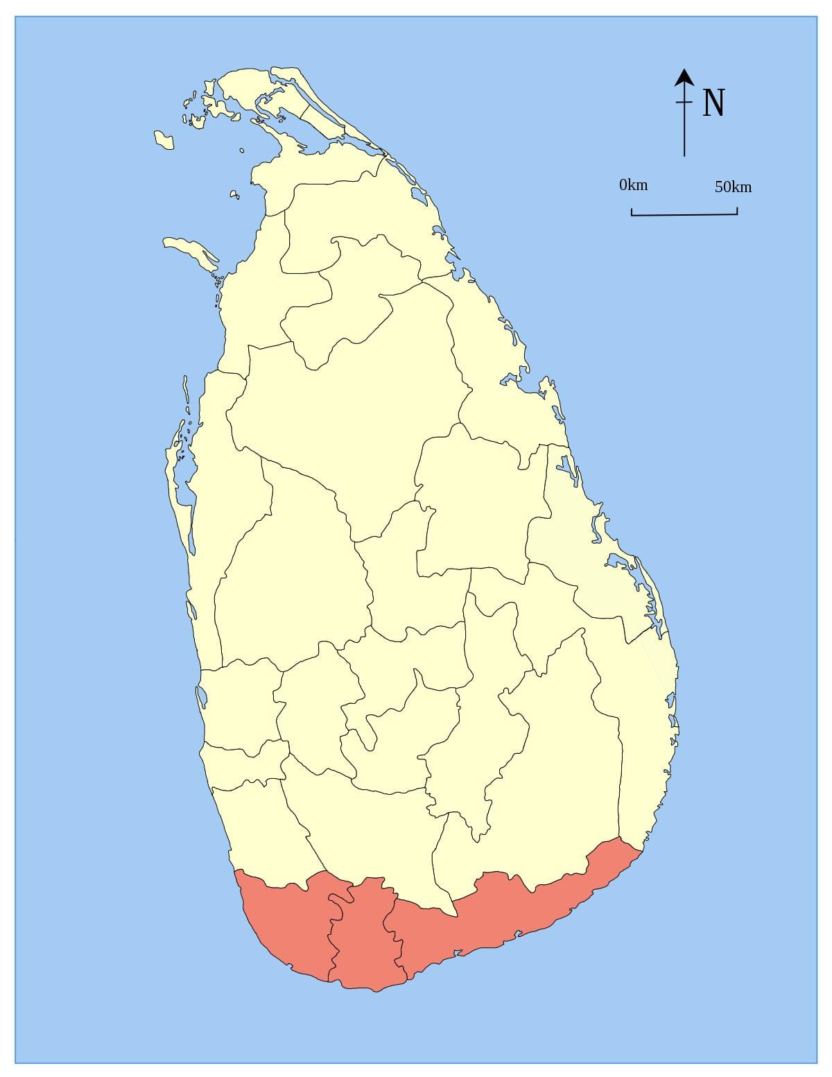 mapa dole na juh Srí Lanka