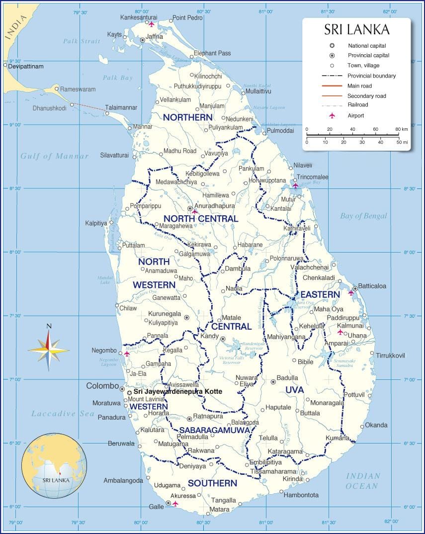 mapa medzinárodných letiskách v Srí Lanka