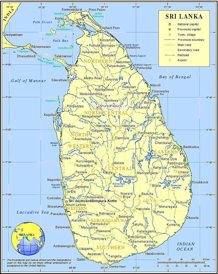 mapa Srí Lanka historických miest,