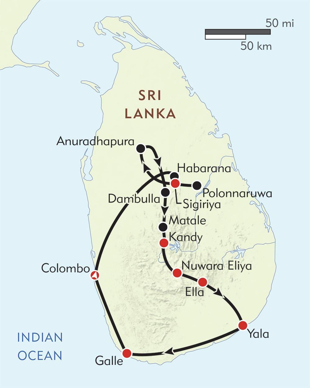 mapa Srí Lanka itinerára