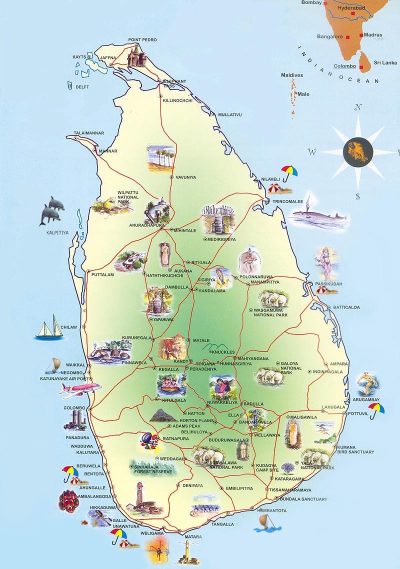 turistické atrakcie, Srí Lanka mapu