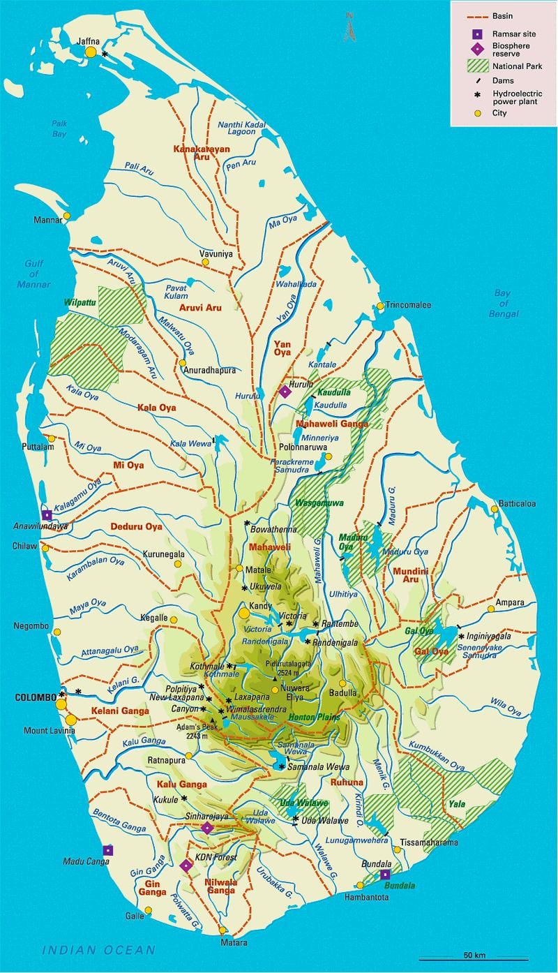 mapa Srí Lanky nádrže