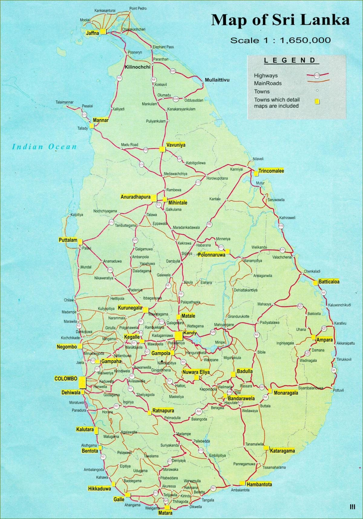 mapa Srí Lanky, mapu s vzdialenosti