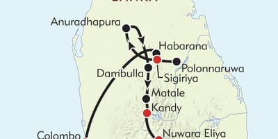 Mapa Srí Lanka itinerára